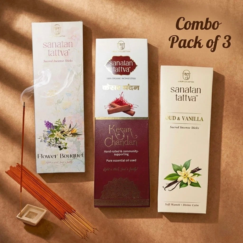 Sanatan Tattva Sacred Agarbatti Combo Pack of 3 – Flower Bouquet, Kesar Chandan & Oud Vanilla | Made in India
