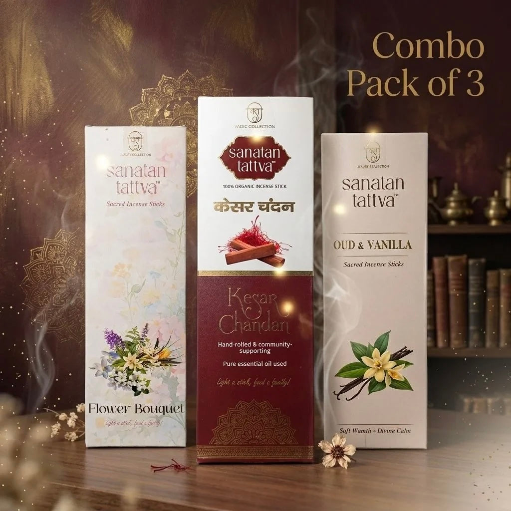 Sanatan Tattva Sacred Agarbatti Combo Pack of 3 – Flower Bouquet, Kesar Chandan & Oud Vanilla | Made in India